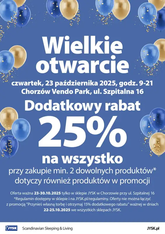 Jysk - gazetka promocyjna CHORZÓW: Wielkie Otwarcie JYSK! Już 23.10!  