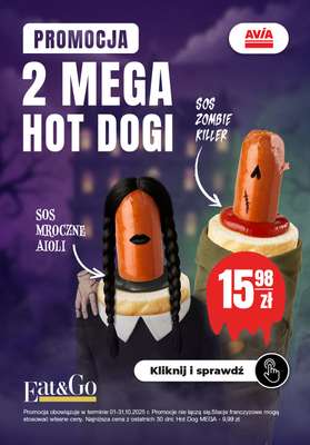 AVIA Stacje Paliw - gazetka promocyjna 2 mega hot dogi! od środy 01.10 do piątku 31.10