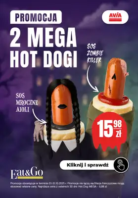 AVIA Stacje Paliw - gazetka promocyjna 2 mega hot dogi! od środy 01.10 do piątku 31.10