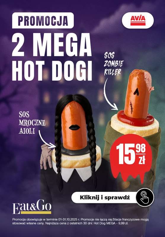 AVIA Stacje Paliw - gazetka promocyjna 2 mega hot dogi! od środy 01.10 do piątku 31.10