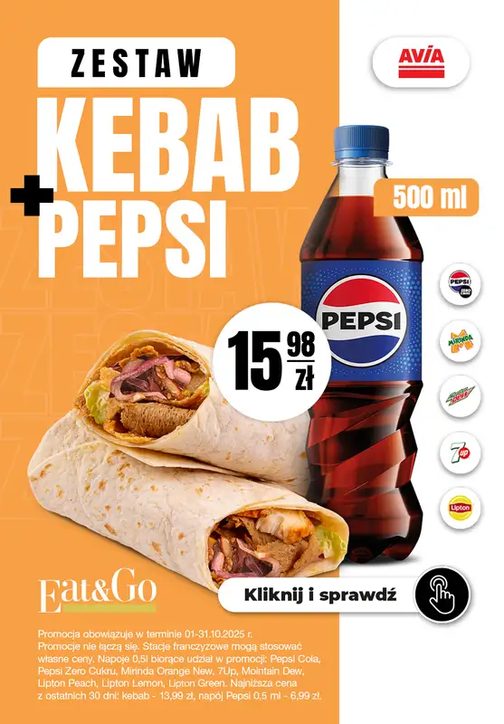 AVIA Stacje Paliw - gazetka promocyjna Kebab + Pepsi  