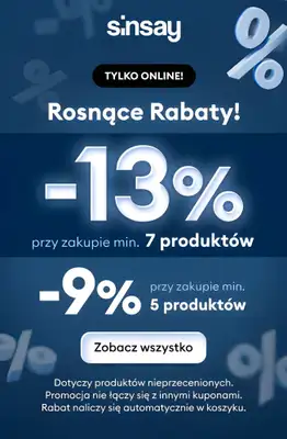 Sinsay - gazetka promocyjna -9% 5 produktów LUB -13% 7 produktów! Rosnące rabaty! od poniedziałku 06.10 do środy 08.10 Sinsay - gazetka promocyjna -9% 5 produktów LUB -13% 7 produktów! Rosnące rabaty! od poniedziałku 06.10 do środy 08.10