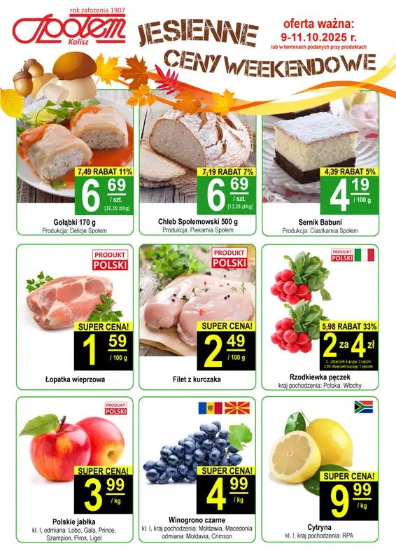 Społem - Blisko i Korzystnie - gazetka promocyjna Plakat promocyjny PSS Kalisz od czwartku 09.10 do soboty 11.10