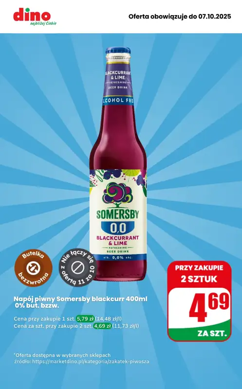 Dino - gazetka promocyjna Napój Piwny Somersby 0% - przy zakupie 2 sztuk taniej! od wtorku 07.10 do wtorku 07.10