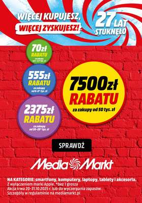 Media Markt - gazetka promocyjna Do -7500 zł rabatu na urodziny Media Markt od poniedziałku 20.10 do piątku 31.10