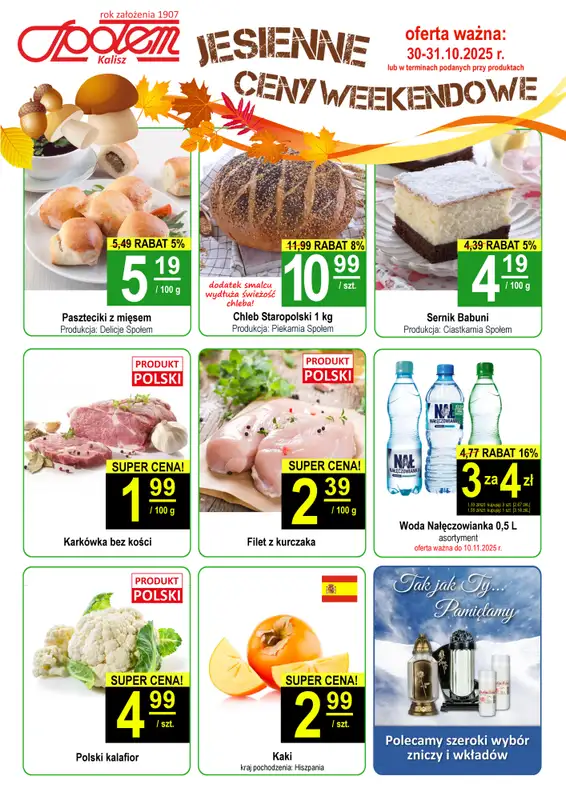 Społem - Blisko i Korzystnie - gazetka promocyjna Plakat promocyjny PSS Kalisz od czwartku 30.10 do piątku 31.10