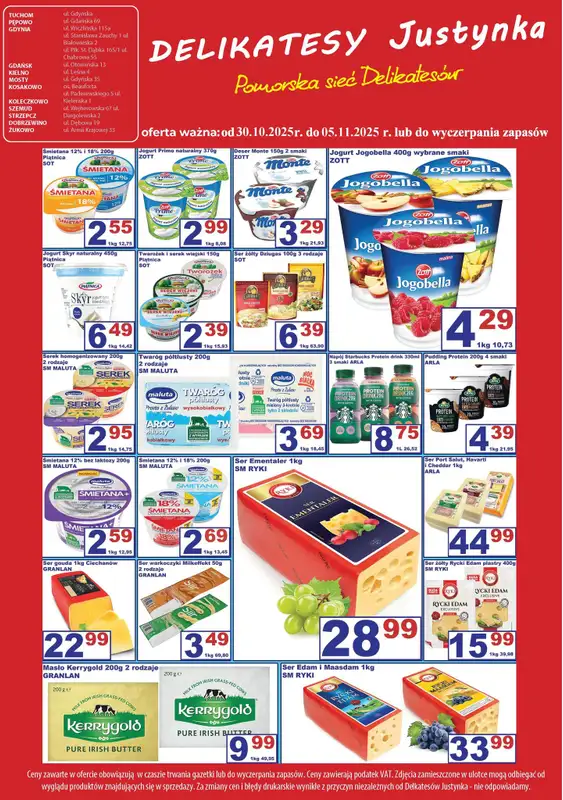 Delikatesy Justynka - gazetka promocyjna Plakat promocyjny od czwartku 30.10 do środy 05.11