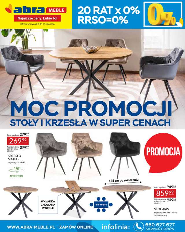 Abra Meble - gazetka promocyjna Moc promocji - stoły i krzesła w super cenach od poniedziałku 03.11 do poniedziałku 17.11