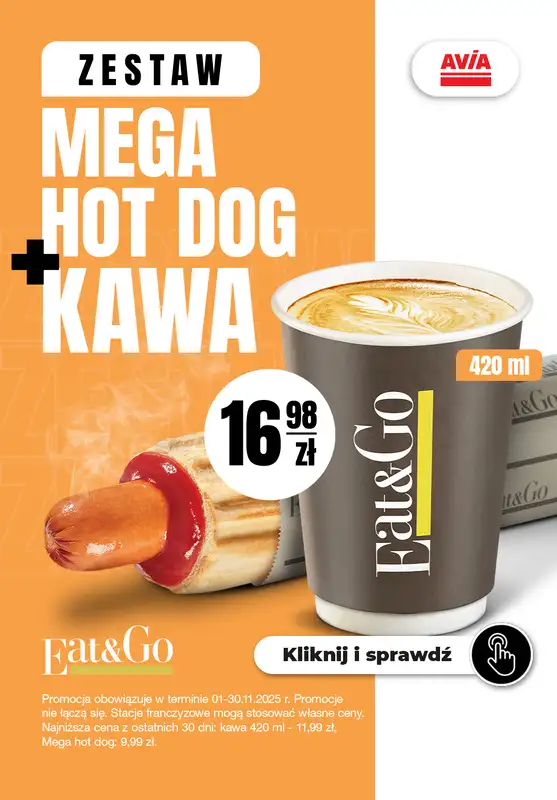 AVIA Stacje Paliw - gazetka promocyjna Mega hot-dog + kawa! od soboty 01.11 do niedzieli 30.11
