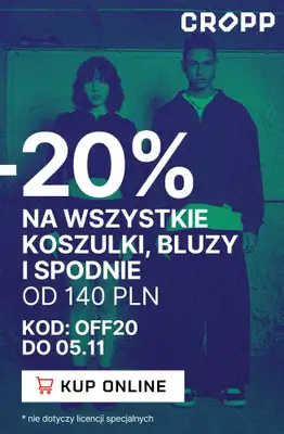 Cropp - gazetka promocyjna -20% na wszystkie koszulki, bluzy i spodnie od poniedziałku 03.11 do środy 05.11