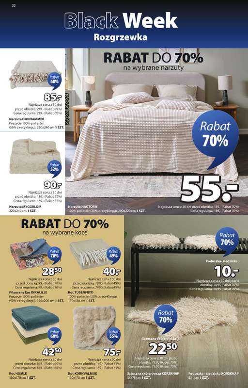 Jysk - gazetka promocyjna Black Week Rozgrzewka. Rabat do 70% od środy 12.11 do niedzieli 30.11 - strona 22