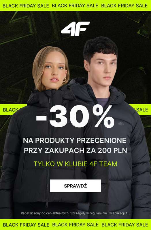 4F - gazetka promocyjna Black Friday: -30% na przecenione produkty w klubie 4F Team od piątku 07.11 