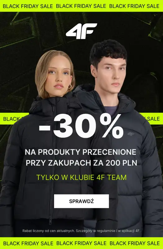 4F - gazetka promocyjna Black Friday: -30% na przecenione produkty w klubie 4F Team od piątku 07.11 