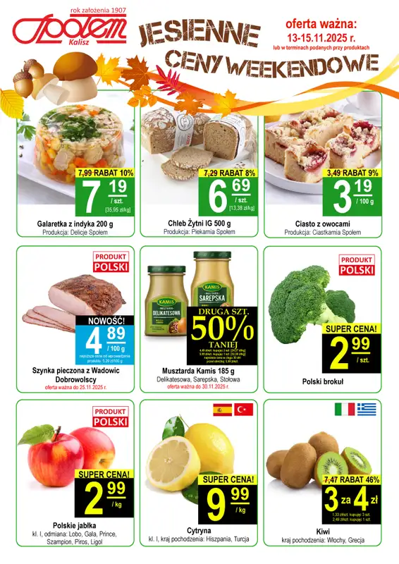 Społem - Blisko i Korzystnie - gazetka promocyjna Plakat promocyjny PSS Kalisz od czwartku 13.11 do soboty 15.11