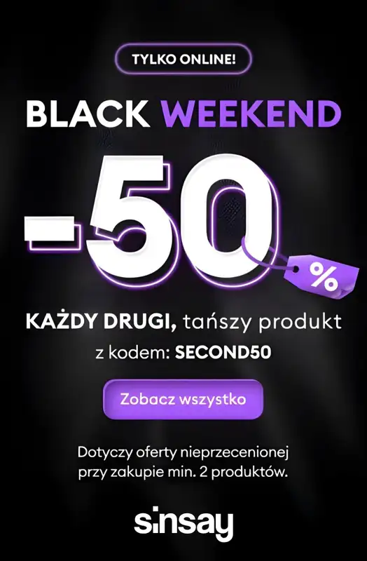Sinsay - gazetka promocyjna -50% na KAŻDY DRUGI, tańszy produkt od piątku 14.11 do poniedziałku 17.11
