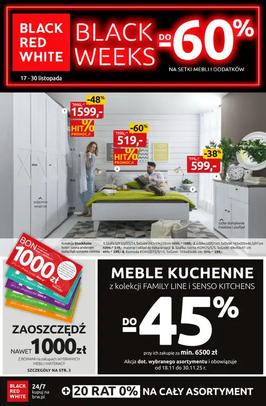Black Red White - gazetka promocyjna Black Weeks do -60% na setki mebli i dodatków od poniedziałku 17.11 do niedzieli 30.11
