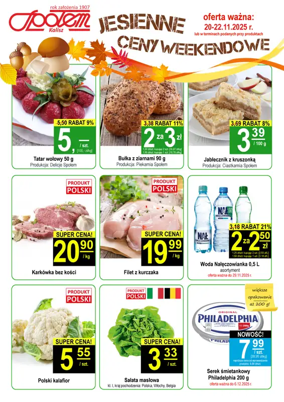 Społem - Blisko i Korzystnie - gazetka promocyjna Plakat promocyjny PSS Kalisz od czwartku 20.11 do soboty 22.11