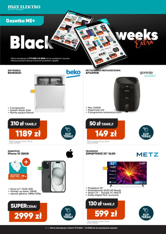 Max Elektro - gazetka promocyjna Gazetka Black weeks od wtorku 18.11 do poniedziałku 01.12