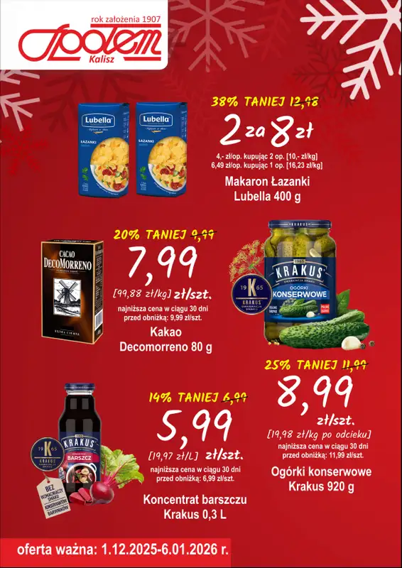 Społem - Blisko i Korzystnie - gazetka promocyjna Plakat promocyjny PSS Kalisz od poniedziałku 01.12 do wtorku 06.01