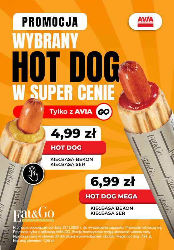 AVIA Stacje Paliw - gazetka promocyjna Wybrany hot-dog w super cenie od piątku 21.11 do soboty 20.12