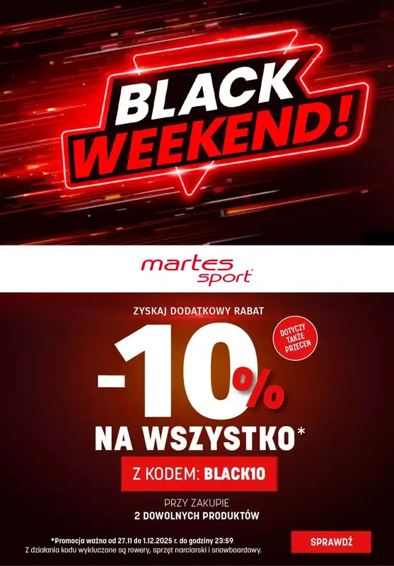 BLACK FRIDAY - gazetka promocyjna Martes Sport | -10% z kodem przy zakupie min. 2 produktów od piątku 28.11 do poniedziałku 01.12