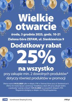 Jysk - gazetka promocyjna ZIELONA GÓRA: Wielkie Otwarcie JYSK! Już 03.12! od środy 03.12 do wtorku 09.12