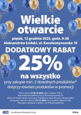 Jysk - gazetka promocyjna ALEKSANDRÓW ŁÓDZKI: Wielkie Otwarcie JYSK! Już 12.12! od piątku 12.12 do czwartku 18.12