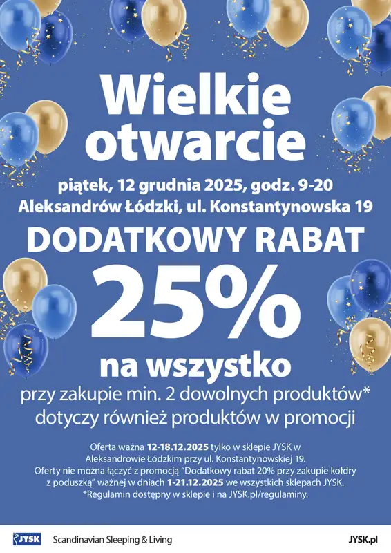 Jysk - gazetka promocyjna ALEKSANDRÓW ŁÓDZKI: Wielkie Otwarcie JYSK! Już 12.12! od piątku 12.12 do czwartku 18.12