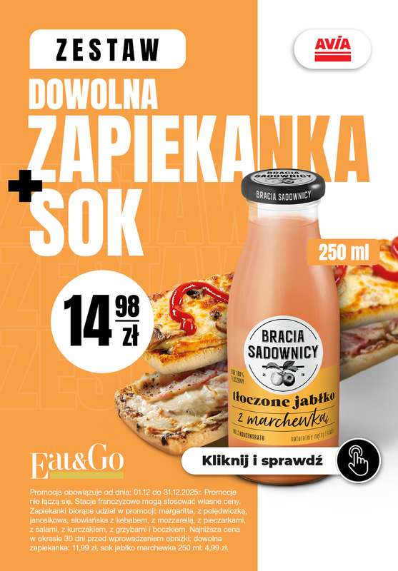 AVIA Stacje Paliw - gazetka promocyjna Zapiekanka + Sok od poniedziałku 01.12 do środy 31.12