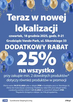 Jysk - gazetka promocyjna GRUDZIĄDZ: Wielkie Otwarcie JYSK! Już 18.12! od czwartku 18.12 do soboty 27.12