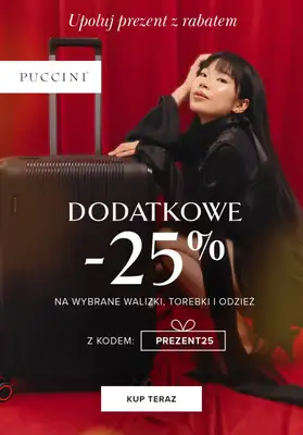 Prezenty - gazetka promocyjna Puccini | -25% na wybrane torebki, walizki i odzież od wtorku 02.12 do poniedziałku 22.12