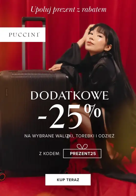 Prezenty - gazetka promocyjna Puccini | -25% na wybrane torebki, walizki i odzież od wtorku 02.12 do poniedziałku 22.12