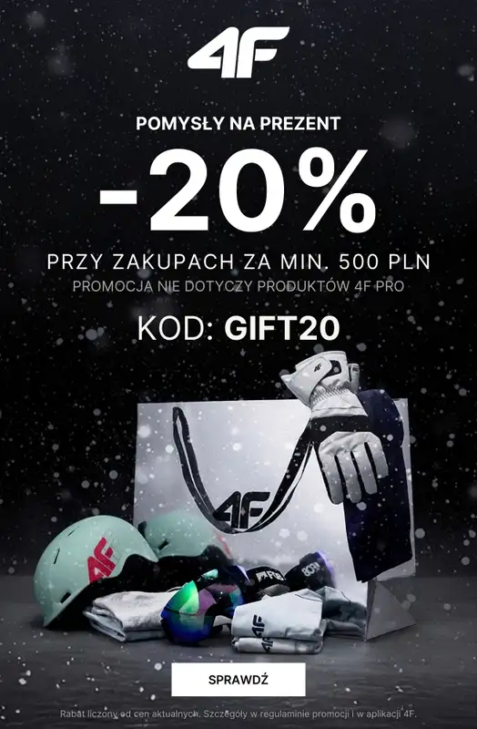 4F - gazetka promocyjna Prezenty: -20% przy zakupach za min. 500 zł od wtorku 02.12 do wtorku 16.12