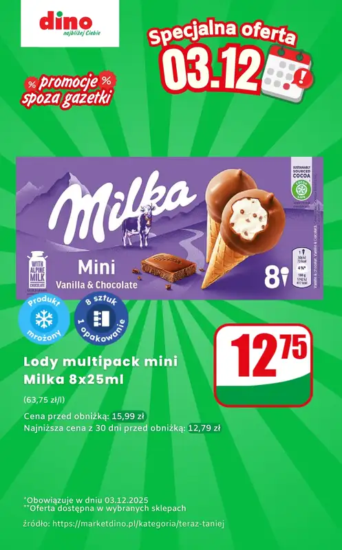 Dino - gazetka promocyjna Lody multipack Milka - oferta na 03.12.2025 | Promocje spoza gazetki od środy 03.12 do środy 03.12