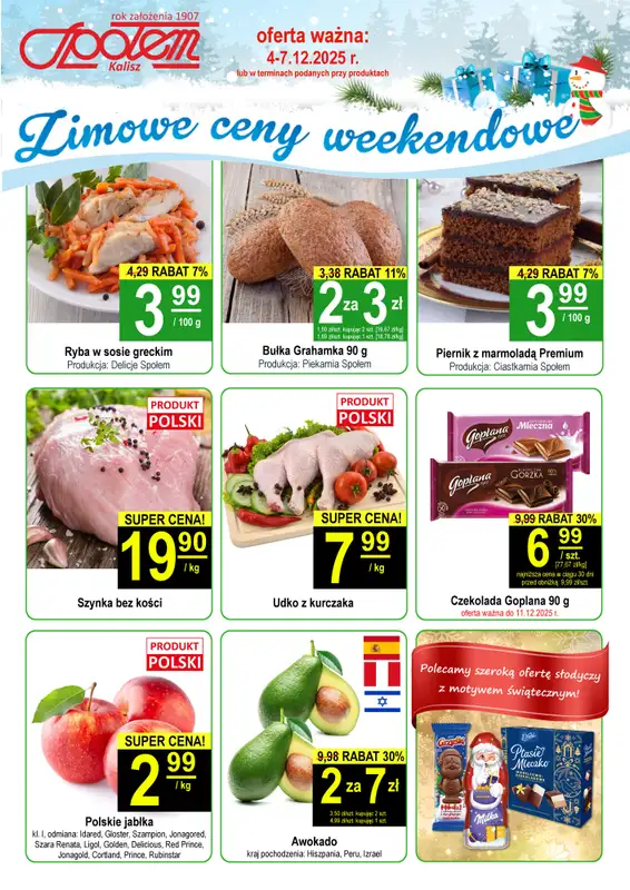 Społem - Blisko i Korzystnie - gazetka promocyjna Plakat promocyjny PSS Kalisz od czwartku 04.12 do niedzieli 07.12