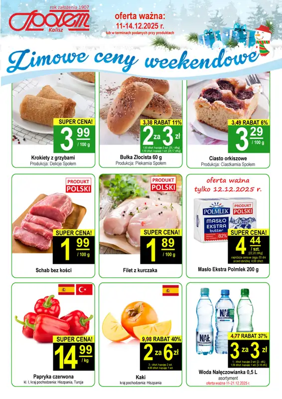 Społem - Blisko i Korzystnie - gazetka promocyjna Plakat promocyjny PSS Kalisz od czwartku 11.12 do niedzieli 14.12