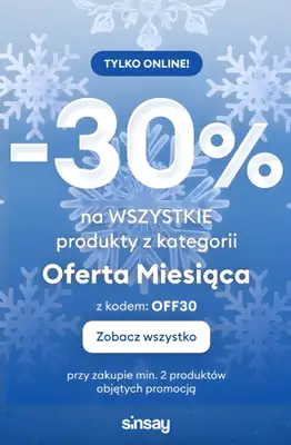 Sinsay - gazetka promocyjna -30% na WSZYSTKIE produkty z kategorii OFERTA MIESIĄCA od piątku 12.12 