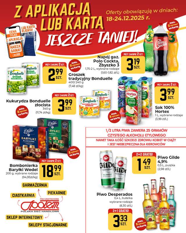 Społem Częstochowa - gazetka promocyjna Z aplikacją lub kartą jeszcze taniej! od czwartku 18.12 do środy 24.12