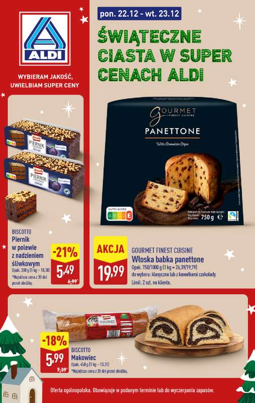 Aldi - gazetka promocyjna Świąteczne ciasta w super cenach Aldi! od poniedziałku 22.12 do wtorku 23.12