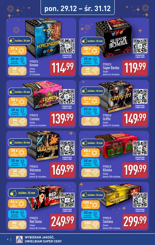Aldi - gazetka promocyjna Szeroki wybór fajerwerków w super cenach Aldi! od poniedziałku 29.12 do środy 31.12 - strona 4