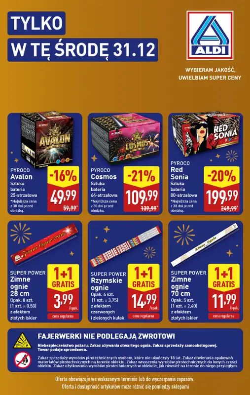 Aldi - gazetka promocyjna Fajerwerki w Aldi - tylko w tę środę 31.12!  