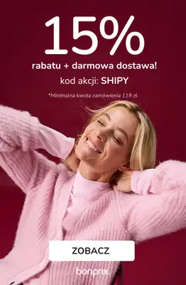 bonprix - gazetka promocyjna 15% rabatu + darmowa dostawa z KODEM! od poniedziałku 12.01 do środy 14.01