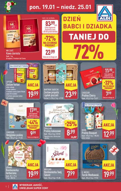 Aldi - gazetka promocyjna Dzień babci i dziadka do 72% taniej z Aldi! od poniedziałku 19.01 do niedzieli 25.01