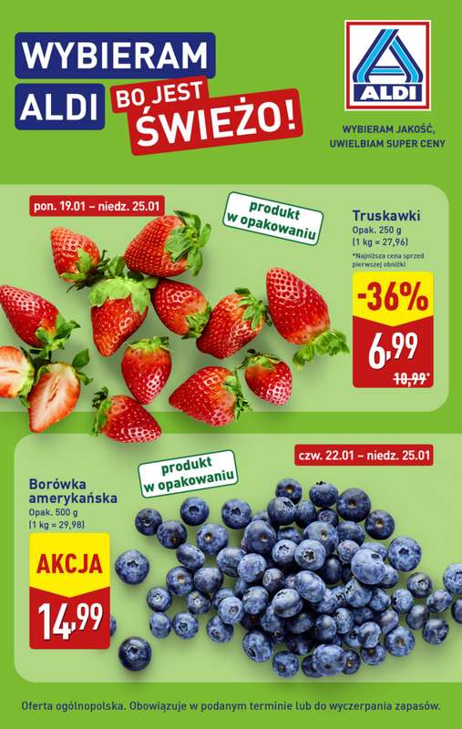 Aldi - gazetka promocyjna Truskawki i borówki w super cenie Aldi! od poniedziałku 19.01 do niedzieli 25.01