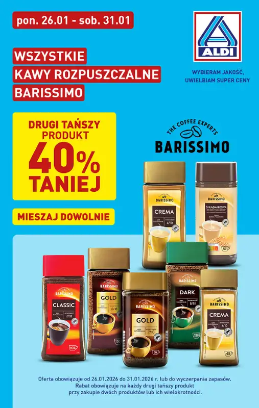 Aldi - gazetka promocyjna Kawy rozpuszczalne Barissimo w super cenach Aldi!  