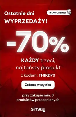 Sinsay - gazetka promocyjna WYPRZEDAŻ: -70% KAŻDY trzeci, najtańszy produkt od czwartku 29.01 