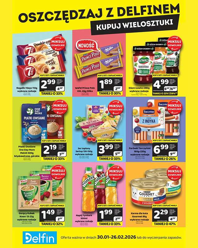 Delfin - gazetka promocyjna Oszczędzaj z Delfinem - kupuj wielosztuki od piątku 30.01 do czwartku 26.02