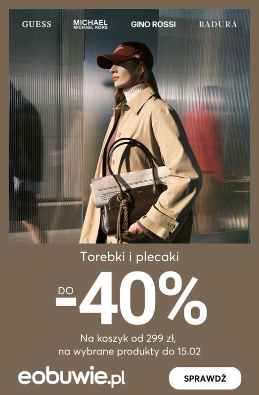 eobuwie.pl - gazetka promocyjna Do -40% na torebki i plecaki, na koszyk od 299 zł od środy 04.02 do niedzieli 15.02