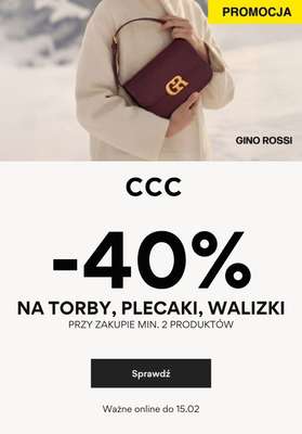 CCC - gazetka promocyjna -40% na torby, plecaki i walizki przy zakupie min. 2 produktów od piątku 13.02 do niedzieli 15.02
