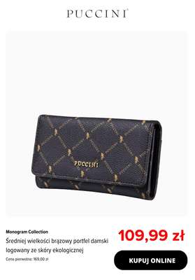 Średniej wielkości brązowy portfel damski logowany ze skóry ekologicznej